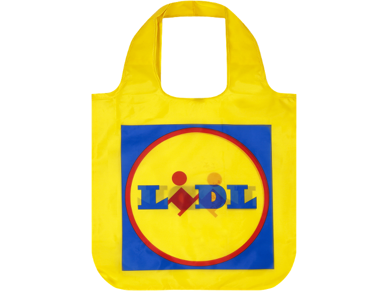 Geantă de cumpărături reutilizabilă galbenă cu logo-ul magazinului.