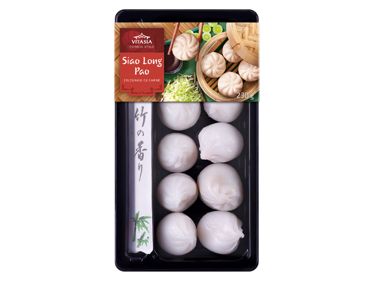 Siao Long Pao, găluște chinezești cu carne, în ambalaj și coș de bambus.