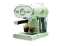 Espressor retro verde deschis preparând două cești de cafea.