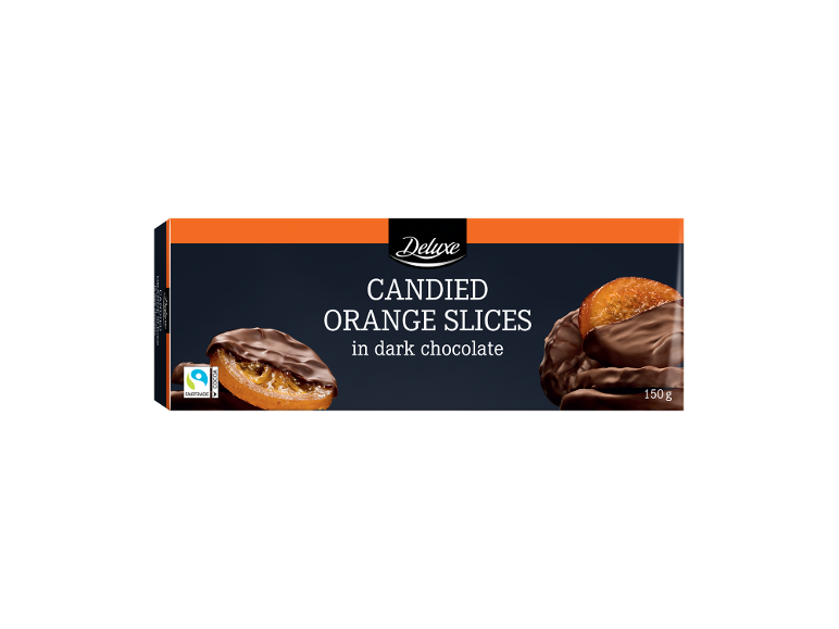 Felii de portocală confiate în ciocolată neagră, 150 g.