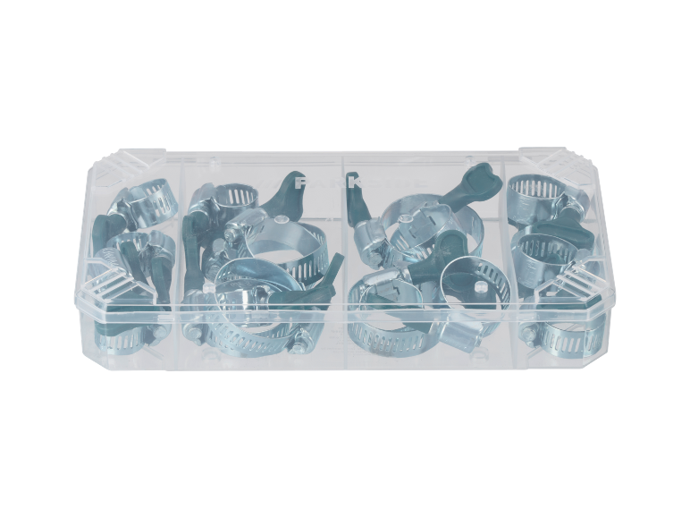 Set de cleme metalice pentru furtunuri într-o cutie transparentă de depozitare