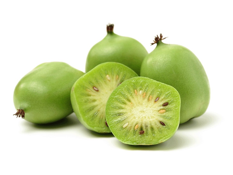 Mini kiwi (kiwibeeren) proaspete de la Ryneczek Lidla, întregi și tăiate în jumătate.