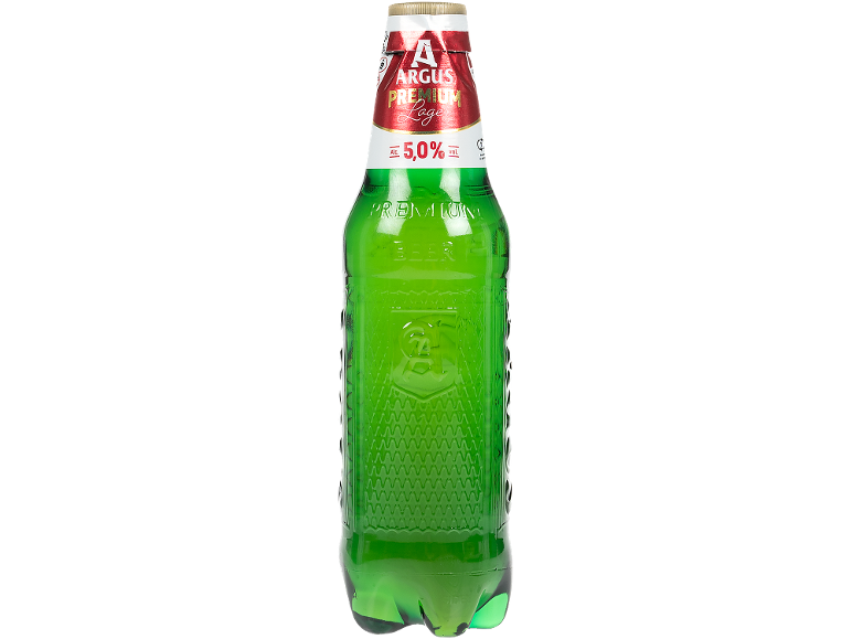 Sticlă verde de bere lager cu etichetă roșie, 5,0% alcool