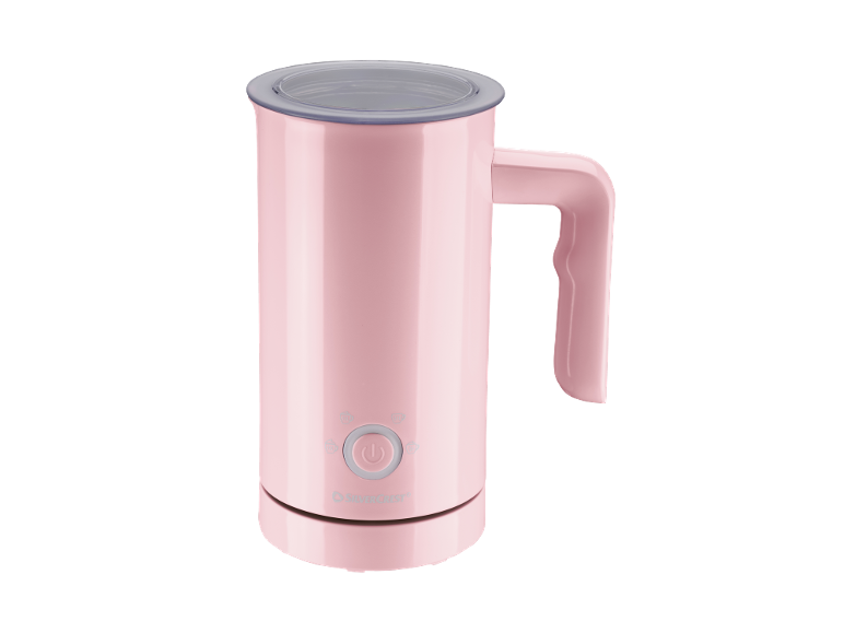 Spumator de lapte electric roz cu capac transparent și buton de pornire