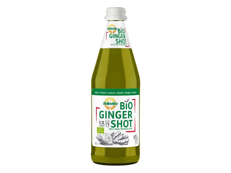 Sticlă de shot organic de ghimbir cu măr și lămâie, 100% suc presat.