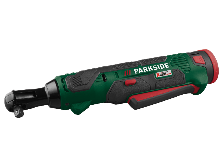 Cheie cu clichet fără fir verde și neagră cu accente roșii, cu sistem de baterie de 12V.