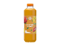 Sticlă de suc de mere și mango cu imagini de fructe și text 