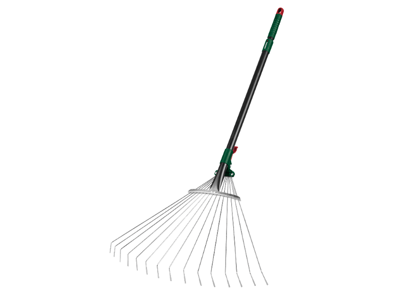 Greblă de grădină reglabilă cu mâner negru și prindere verde.