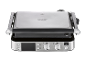 Grill electric de contact argintiu cu panou de control digital și butoane rotative.