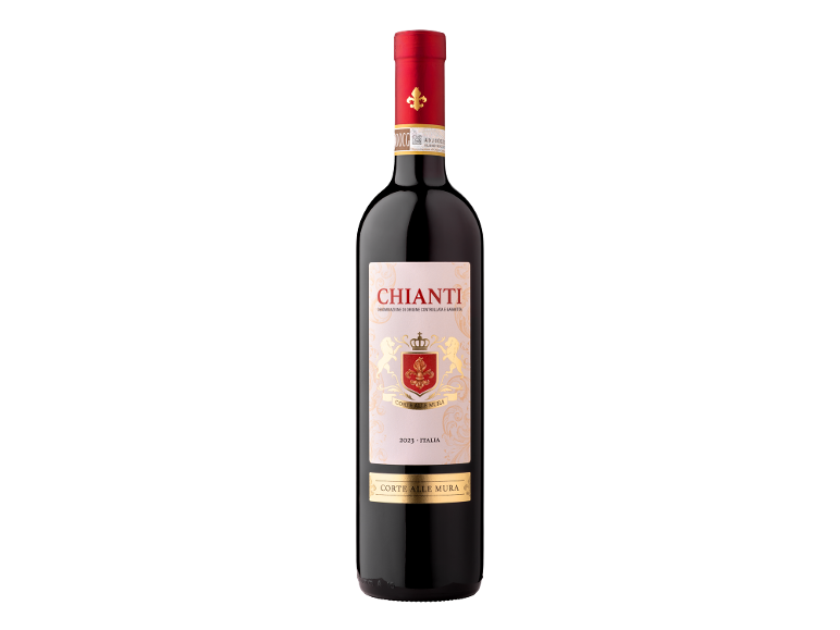 O sticlă de vin roșu Chianti cu o etichetă roșie și aurie, cu o stemă.