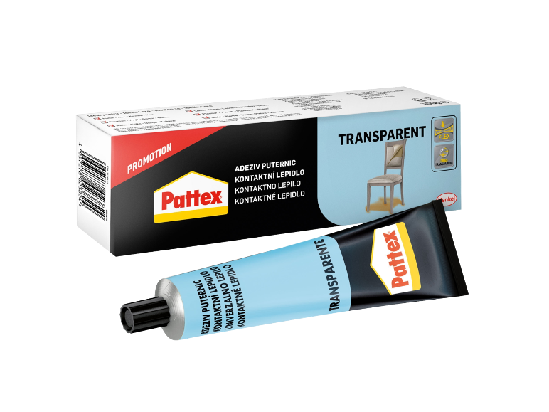 Cutie și tub de adeziv de contact transparent cu text promoțional.