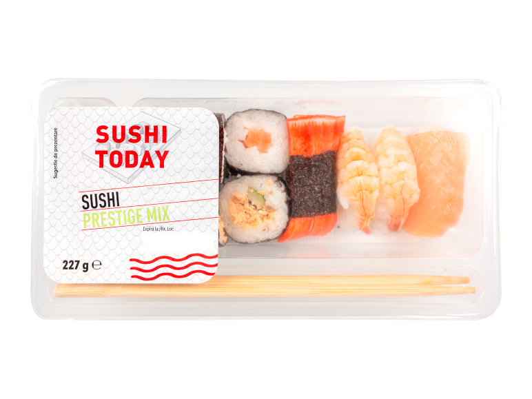 Set sushi Prestige Mix în ambalaj de plastic cu bețișoare, 227 g.