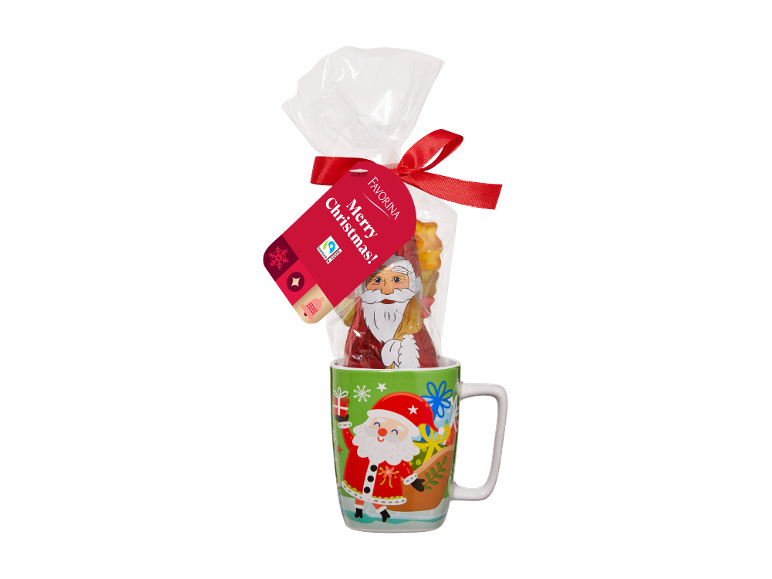 Cană de Crăciun cu Moș Crăciun din ciocolată și bomboane, cu textul „Merry Christmas!”