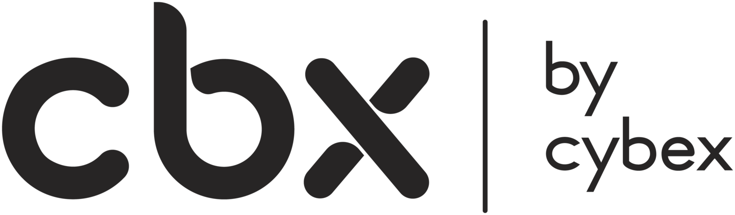 Siglă cu textul „cbx” și „by cybex” separate printr-o linie verticală.