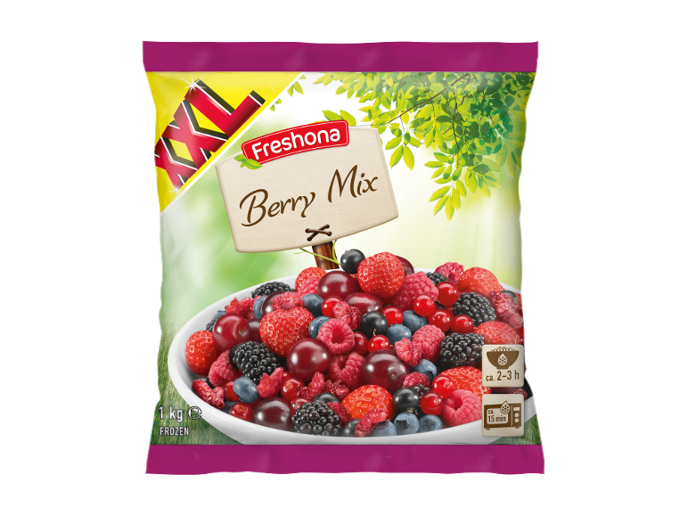 Ambalaj de amestec de fructe de pădure congelate, cu textul „Berry Mix” și un marcaj „XXL”.