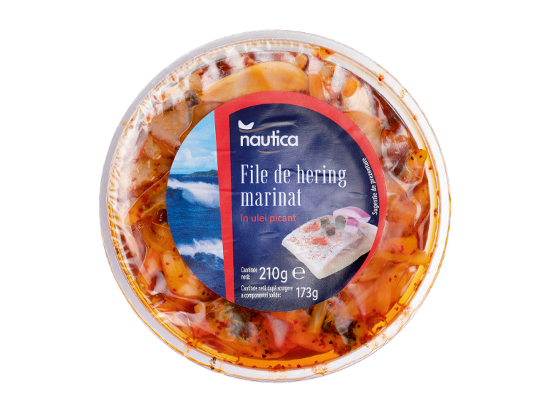 File de hering marinat în ulei picant, 210g.