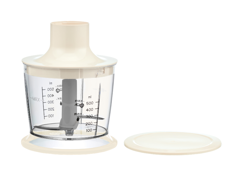 Blender cu recipient transparent cu scară de măsurare și capac.