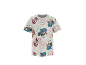 Tricou alb pentru copii cu imprimeuri colorate de căței și embleme.