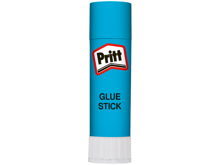 Baton de lipici albastru cu o etichetă albă și roșie, având textul „GLUE STICK”.