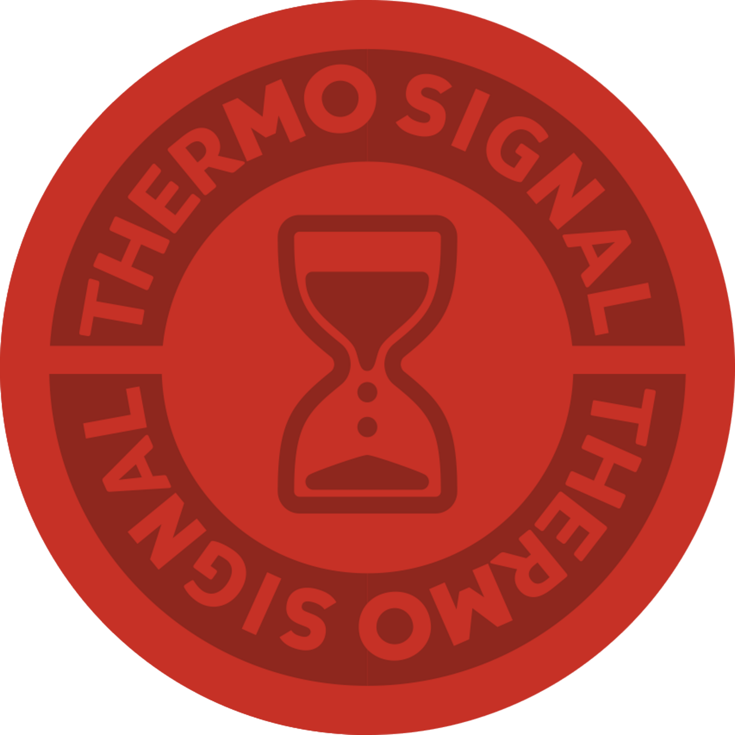 Sigiliu rotund roșu cu clepsidră și textul repetat „THERMO SIGNAL”.