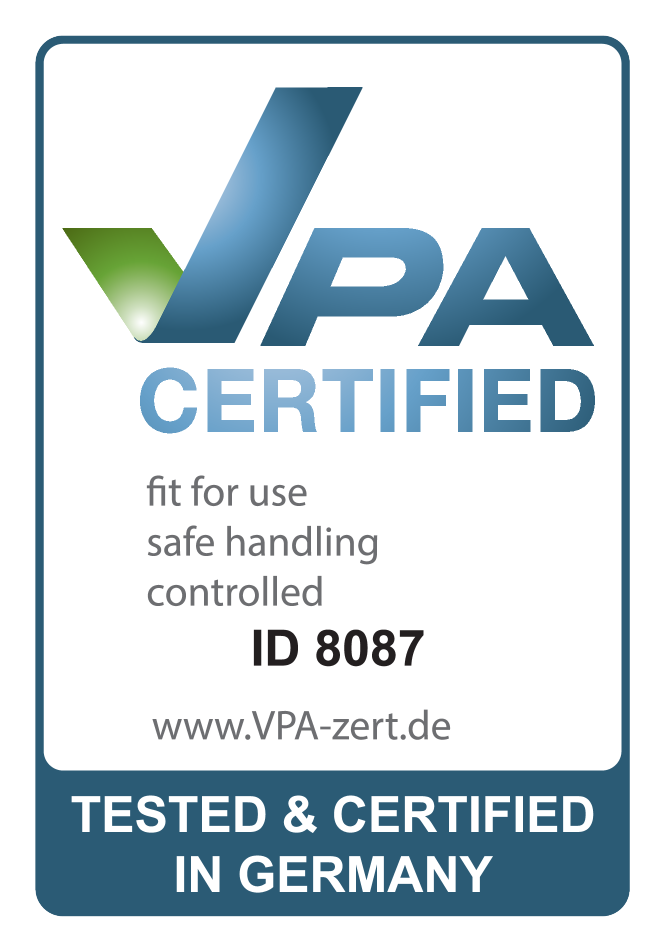 Sigiliu certificat: apt pentru utilizare, manipulare sigură, controlat. ID 8087. Testat și Certificat în Germania.