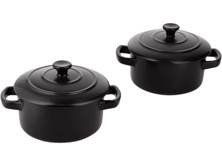 Două oale ceramice negre cu capace și mânere.