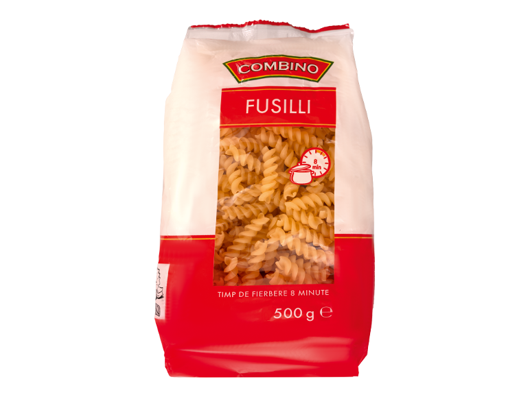 Pachet de paste fusilli cu timp de fierbere de 8 minute și greutate de 500 g.