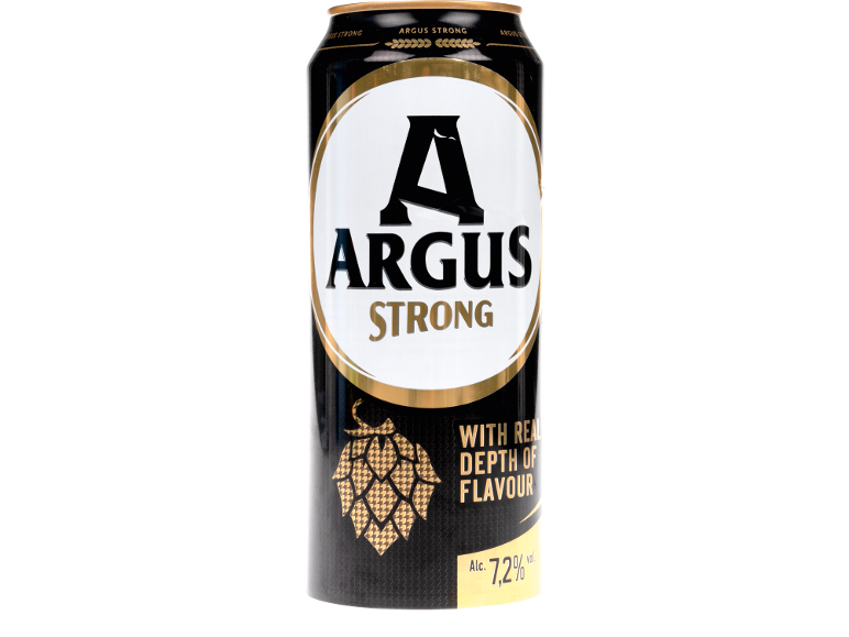 Doză de bere neagră și aurie cu o literă mare A și cuvântul „STRONG”, indicând 7,2% alcool.