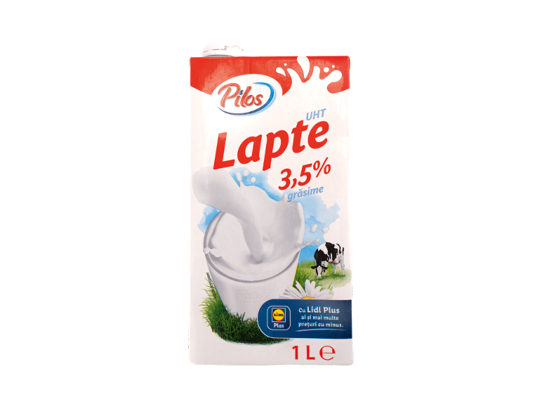 Cutie de lapte cu 3,5% grăsime, imagine cu o vacă și iarbă, și text.