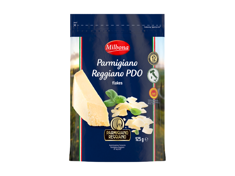 Ambalaj de fulgi Parmigiano Reggiano PDO, 125g, cu indicație de maturare de peste 12 luni.