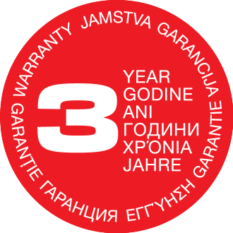 Sigiliu roșu '3' cu 'YEAR', 'GODINE', 'ANI', 'ГОДИНИ', 'XP'ONIA', 'JAHRE' și 'WARRANTY' în mai multe limbi.