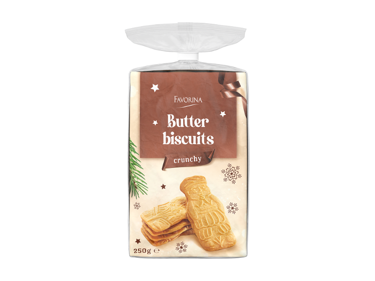 Pachet de biscuiți cu unt, crocanți, cu forme și decorațiuni tematice de Crăciun.