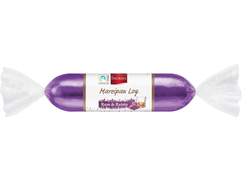 Rulou de marțipan violet cu aromă de rom și stafide, cu logo Fairtrade.
