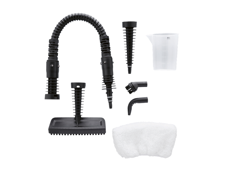 Accesorii pentru curățător cu aburi: furtun flexibil, perii, cană de măsurare și lavetă din microfibră.