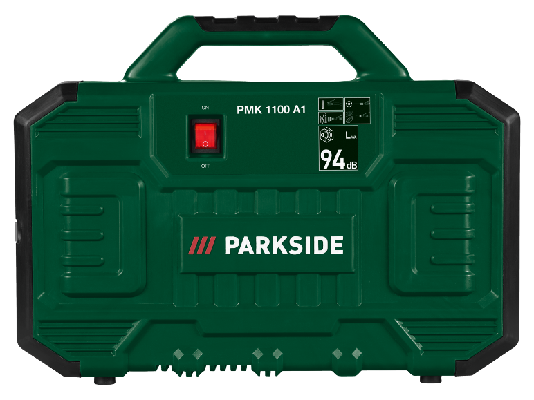Generator electric portabil verde cu întrerupător pornit/oprit și nivel de zgomot de 94 dB.