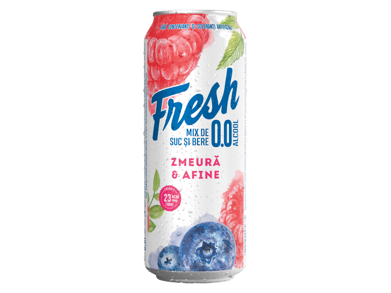 Doză de băutură fără alcool cu aromă de zmeură și afine, cu textul „Fresh” și „0.0% ALCOOL”.