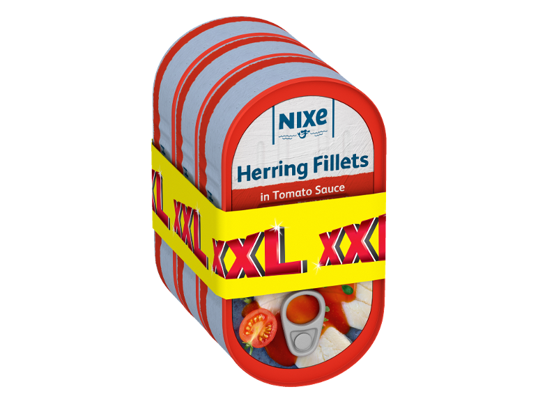 Conservă de fileuri de hering în sos de roșii, mărime XXL.