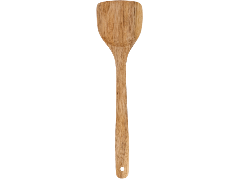 Spatulă de lemn cu mâner lung și orificiu de agățat.