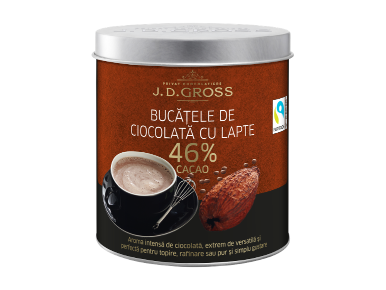 Bucățele de ciocolată cu lapte 46% cacao, aromă intensă de ciocolată, versatile