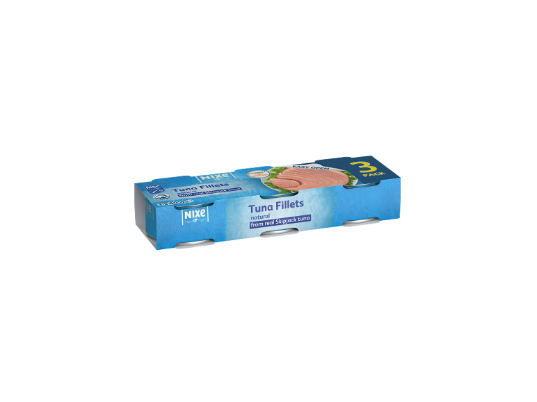 Pachet de 3 conserve de fileuri de ton skipjack natural, cu indicația „ușor de deschis”.