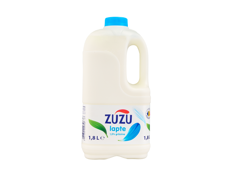 Sticlă albă de lapte cu capac albastru, etichetată 1,8 L și 1,5% grăsime.