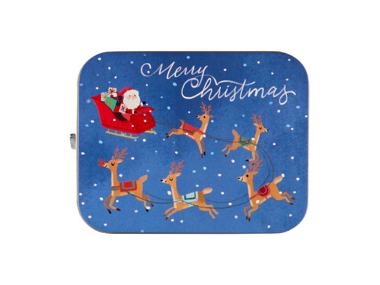 Cutie metalică de Crăciun cu Moș Crăciun și reni zburând într-un peisaj înzăpezit. Text: Merry Christmas.