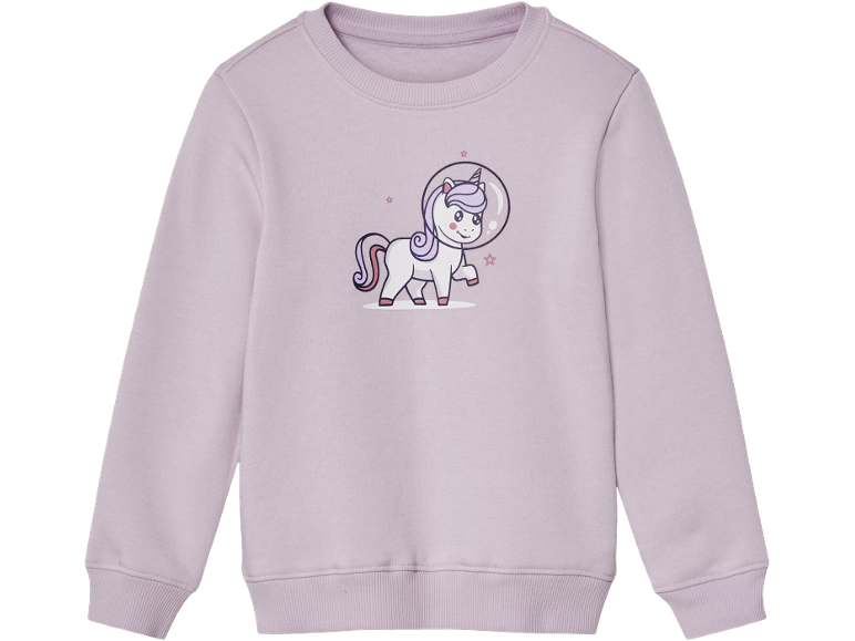 Bluză lila cu un unicorn astronaut din desene animate purtând o cască.