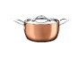 Oală de cupru cu capac de sticlă și mânere metalice