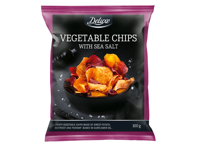 Chipsuri de legume cu sare de mare, din cartof dulce, sfeclă roșie și păstârnac, 100 g.