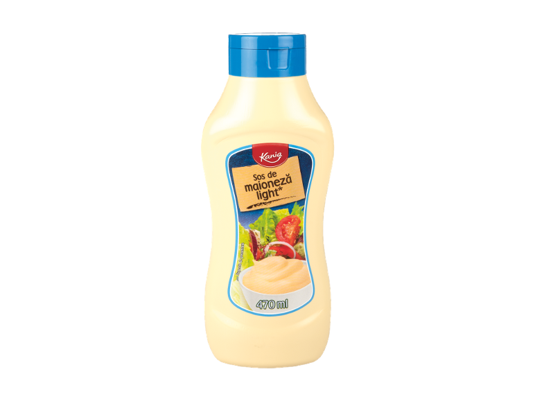 Sticlă de sos maioneză light cu etichetă ce prezintă salată și sos.