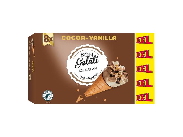 8x cornete de înghețată cacao-vanilie de mărime XXL, în ambalaj.