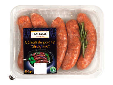 Cârnați de porc tip 'Strolghino' în ambalaj, 500g.