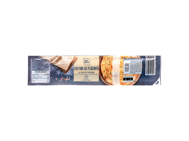 Ambalaj foi fine de plăcintă cu sare de Himalaya, cu informații nutriționale și de preparare.