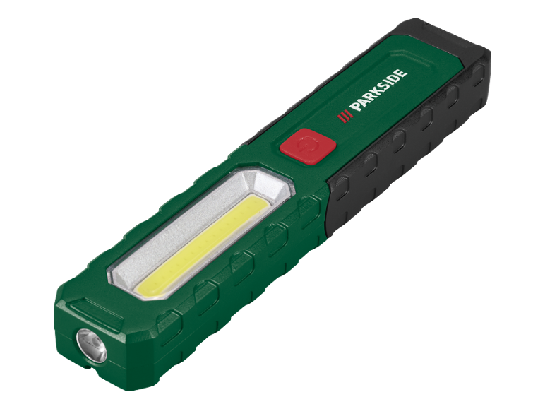 Lampă de lucru LED verde și neagră cu un buton roșu și o bandă luminoasă galbenă.